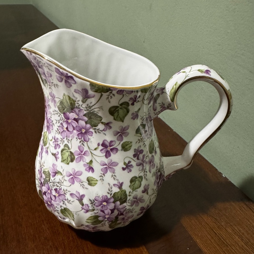 Floral Ceramic Pitcher with Purple and Green Design